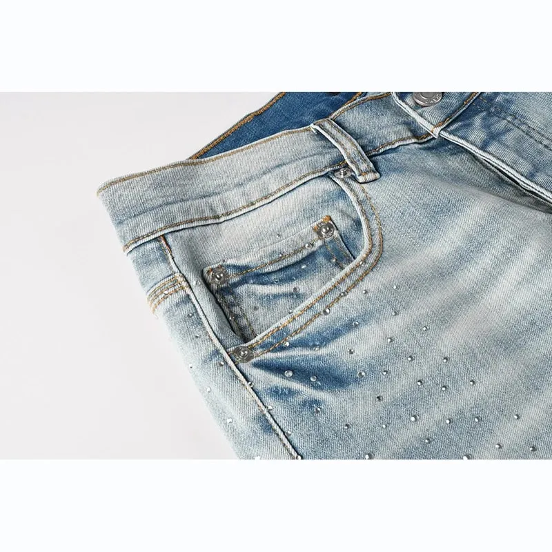 Men's Washed Distressed Skinny Ripped Jeans Light Blue Rhinestone Decor Button Fly High Street Style