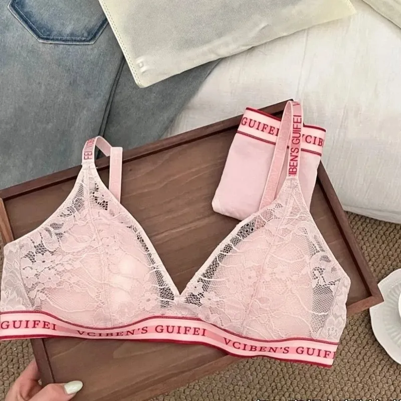 Bra Suit Letter Design Lingerie Set Lace Wireless Women Underwear Suit Deep V Color Blocking Bra Panties Set Famle