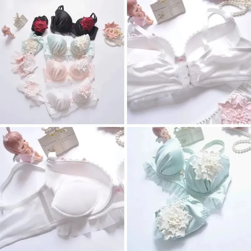 Sweet Floral Embroidered Push Up Bra Set for Women Large Size A-E Cup Fresh Thin Underwear & Panty Lingerie — image 2