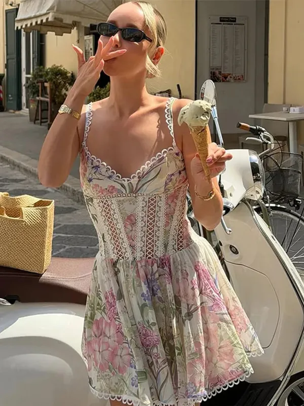 Floral Print Lace Patchwork Mini Dress Sleeveless Flared Hem Waist-cinching Spaghetti Strap Dresses Summer Chic Elegant Gown — image 5