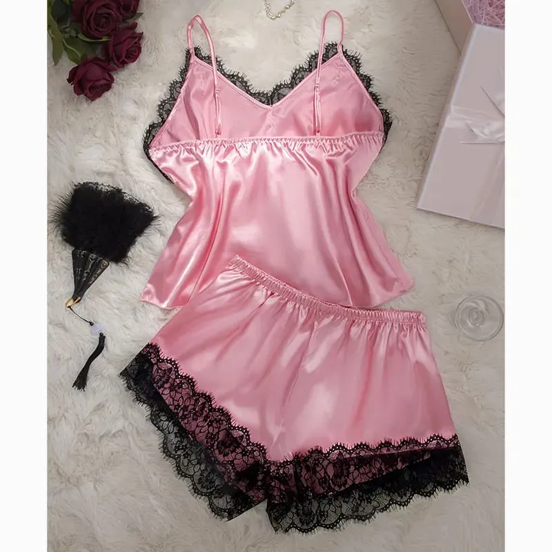 Pink Satin Bra And Panty Sets Silky-Soft Women's Underwear Elegant Loungewear Lace Bras And Pajama Set Spaghetti-Strap Lingerie