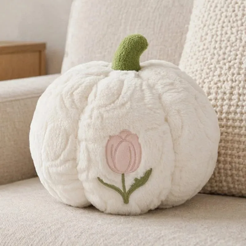Cute Pumpkin Throw Pillow With Tulip Embroidery Soft Plush Pumpkin Shaped Cushion Pillow For Sofa Living Room Hallowmas Gifts