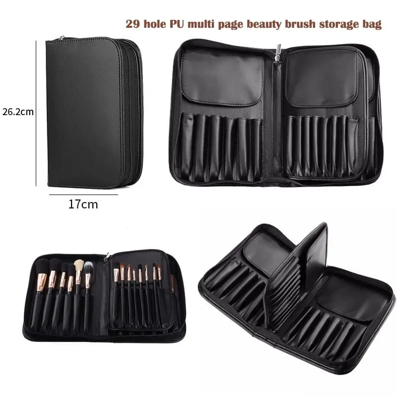 High Quality 14/23/29 Holes PU Cosmetic Makeup Brushes Pouch Portable Black Waterproof Oxford Beauty Brush Bag Organizer
