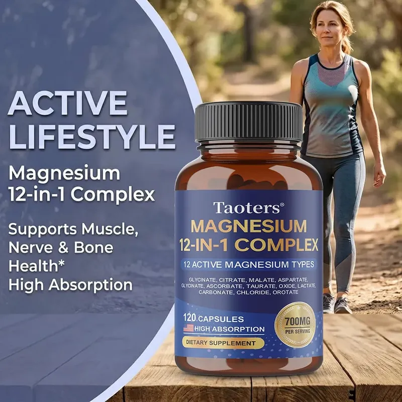 อาหารเสริมแมกนีเซียม 12-in-1 ที่ซับซ้อน – 700 มก. การดูดซึมสูง Glycinate Citrate Malate และ Taurate Blend สำหรับการนอนหลับของเส้นประสาทกล้ามเนื้อ