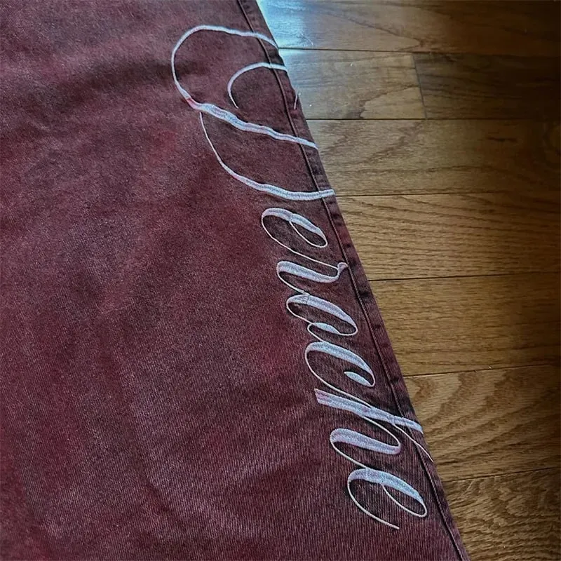 Y2K Casual Loose Jeans Vintage Letter Print Rivet Waist Belt Design Red High Waist Wide Leg Jeans Men Women Hip Hop Streetwear