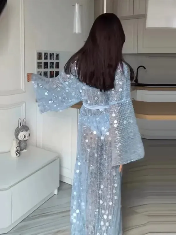 Sequined Hollow Out Long Dress Women Sexy V-neck Full Sleeve Mesh Patchwork Lace Up Cardigan Party Evening Dresses New Beachwear — image 2