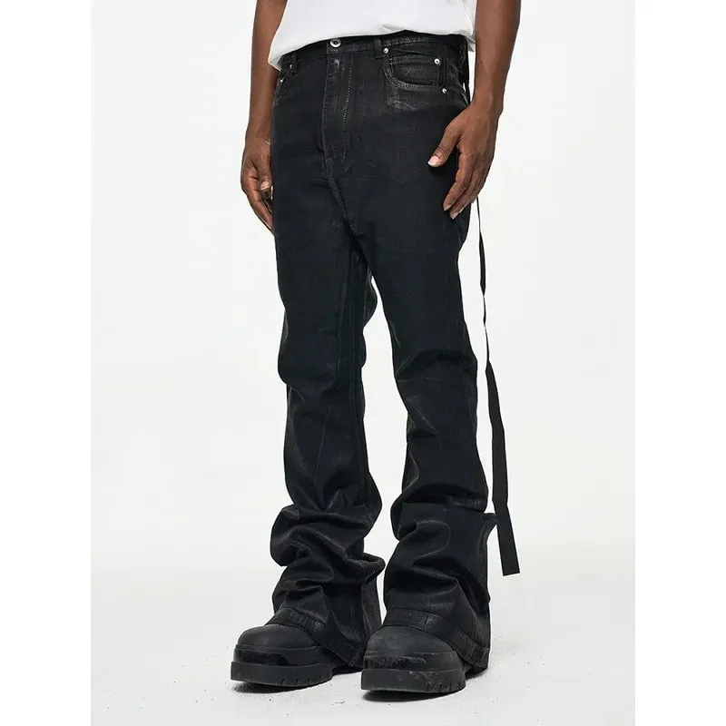 2026 High Street Coated Brushed Micro-flared Floor-length Jeans for Men Retro Street Wear Loose Micro-elastic Waxed Pants