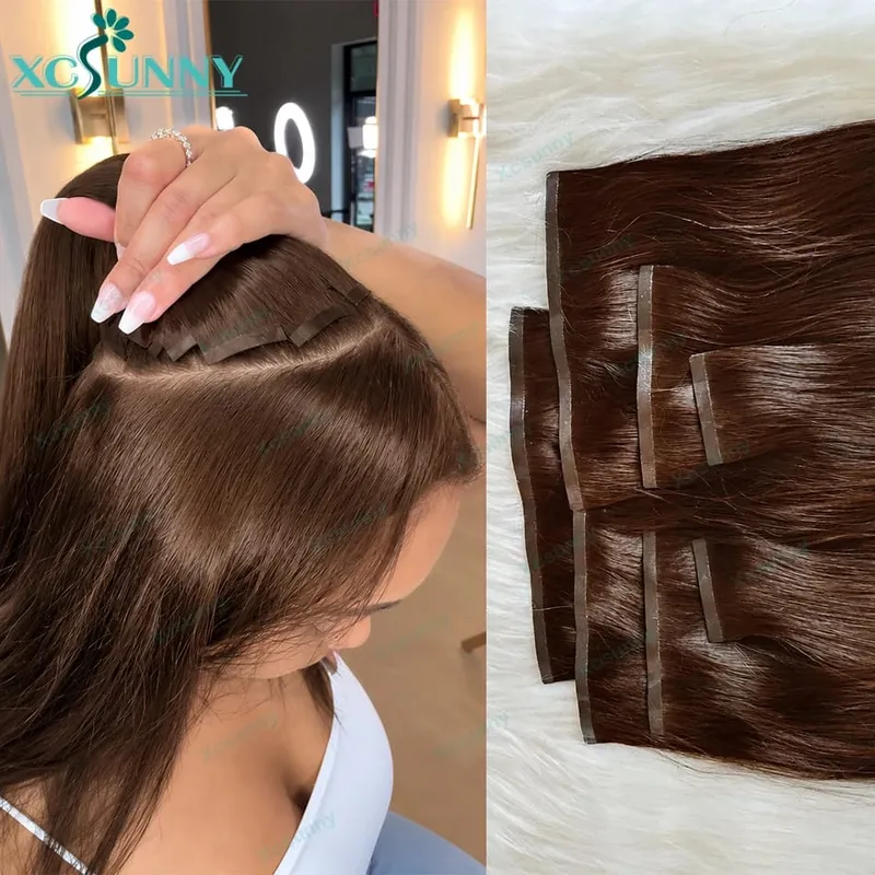 PU Clip Ins Human Hair Extensions Chocolate Brown Color 4 Skin Weft Silky Straight Clip In Hair For Women 240g A Full Head