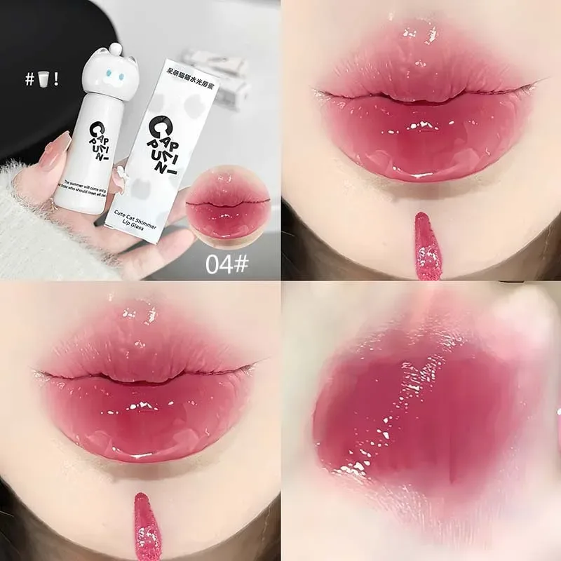 Cute Cat Water Mirror Lip Gloss Lasting Moisturizing Rose Apricot Pink Tint Lip Glaze Nude Lipstick Korean Makeup Girl