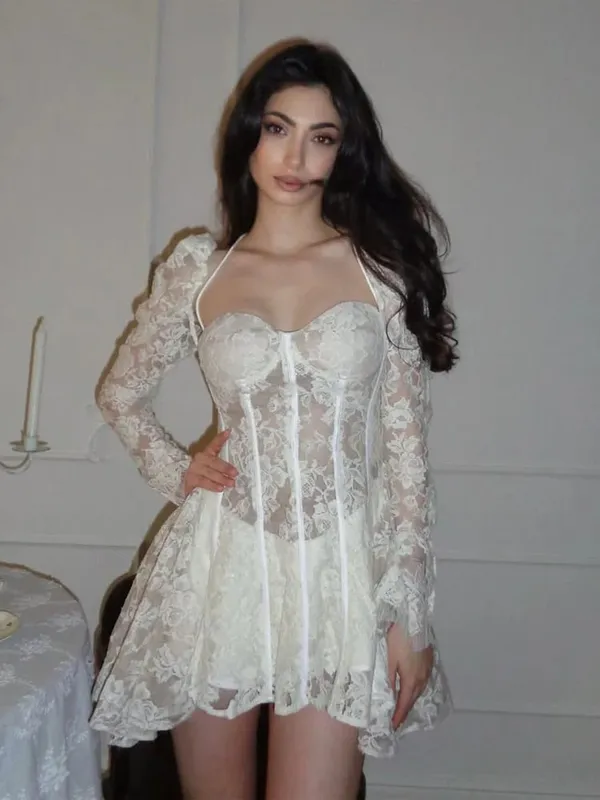 Elegant Patchwork Lace Short Dress Women Chic Full Sleeves See Through A-line Slim Dresses 2026 Lady Evening Party Vestidos New