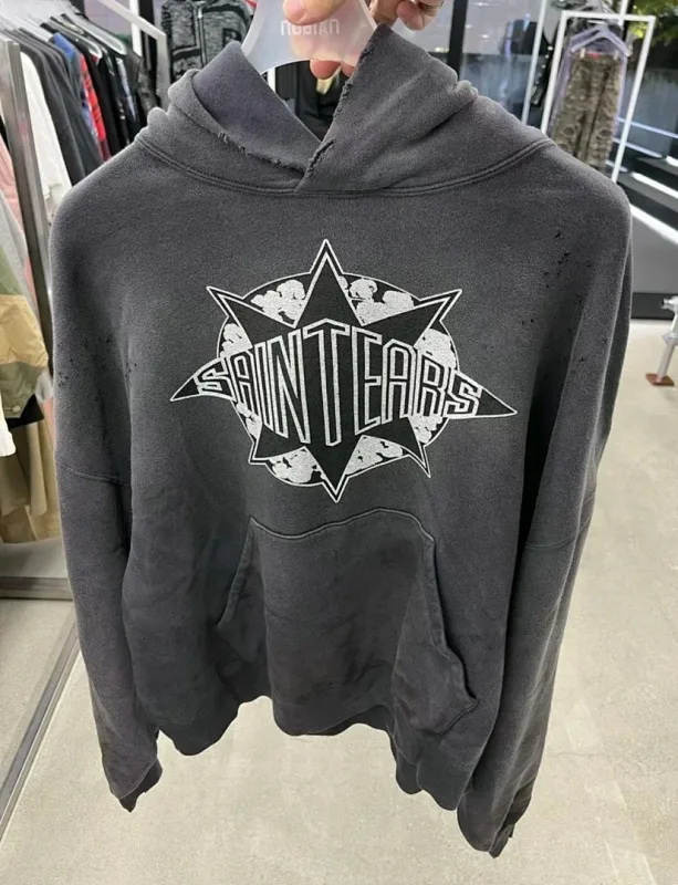 26FW SAINT x Ber B J Co-brand Big Logo Printed Women Men Washed Hooded Sweatshirt Hoodies Vintage Distressed Men Casual Hoodie
