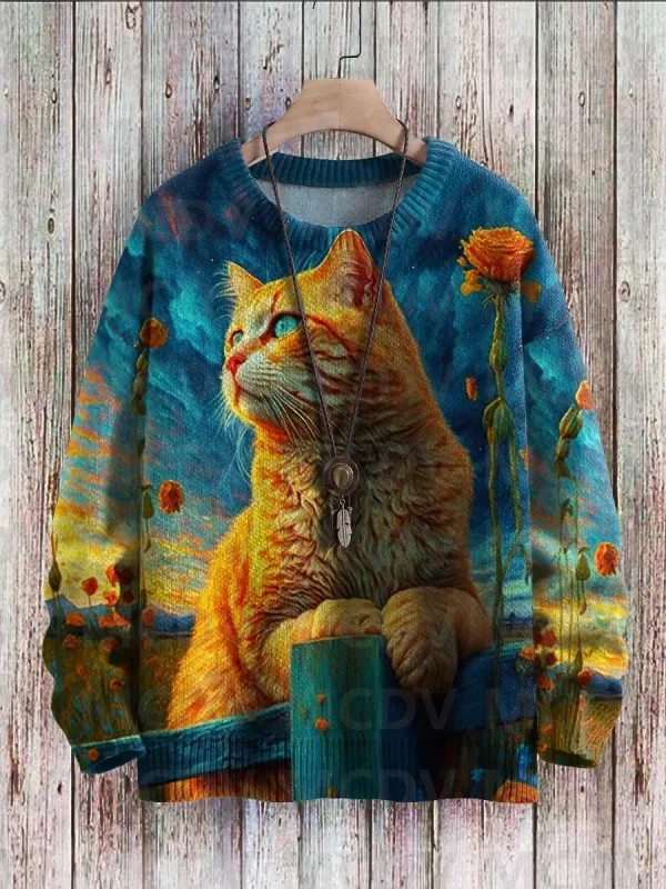 Corak Seni Burung Bunga Kucing Hitam yang comel Cetak Sweater Pullover Bersatu Kasual Sweater Klasik Pullover Lelaki Untuk Wanita