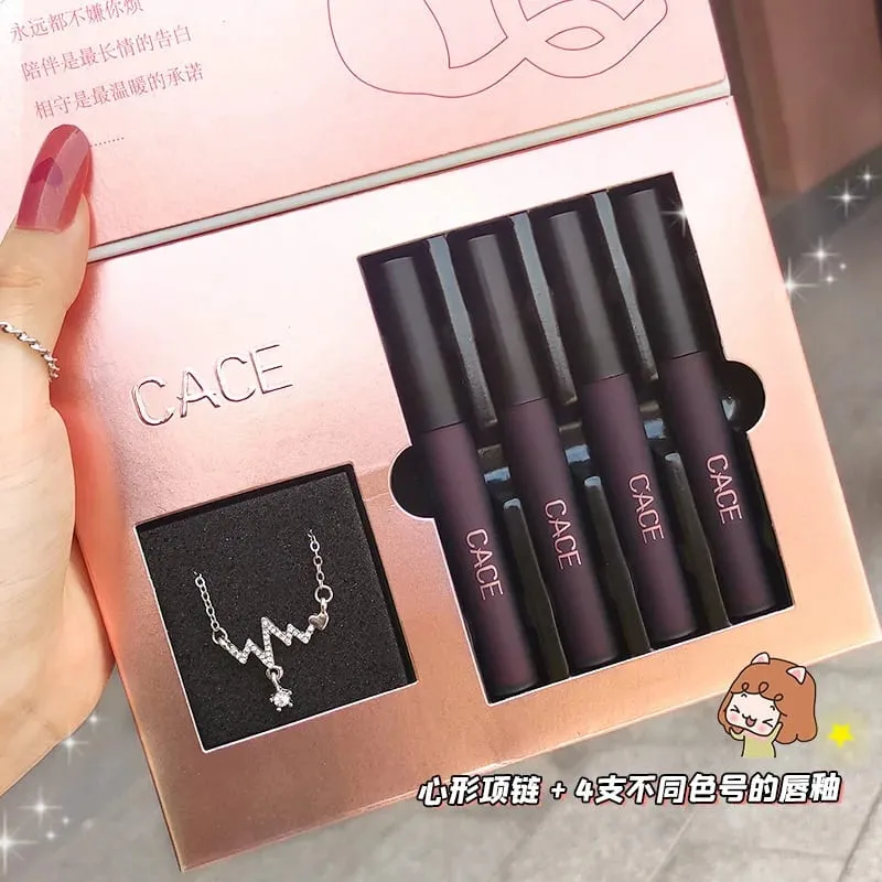 4 Pcs Liquid ลิปสติกแต่งหน้าชุด Matte Red Tint Lipgloss ยาวนาน Lip Stain เครื่องสำอางพร้อมสร้อยคอของขวัญ