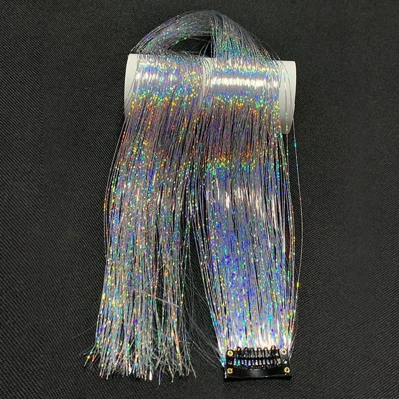 Synthetic Rainbow Tinsel Hair Extensions Clip In Shiny Glitter Wig Hairpiece for Women Party Cosplay Daily DIY Hair Accessory