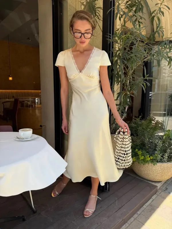 Women Elegant Satin Lace Trim Midi Dress Solid Lace Patchwork Short Sleeve V-neck Summer Dresses 2026 Summer New Holiday Robes — image 8