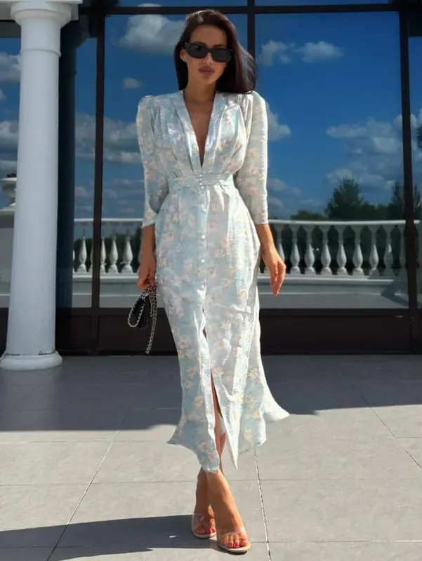 Chic Puff Sleeve Flora Printed Maxi Dress V-neck Waist Cinching Split Elegant Women's Dresses for Party 2026 Female Clothing New