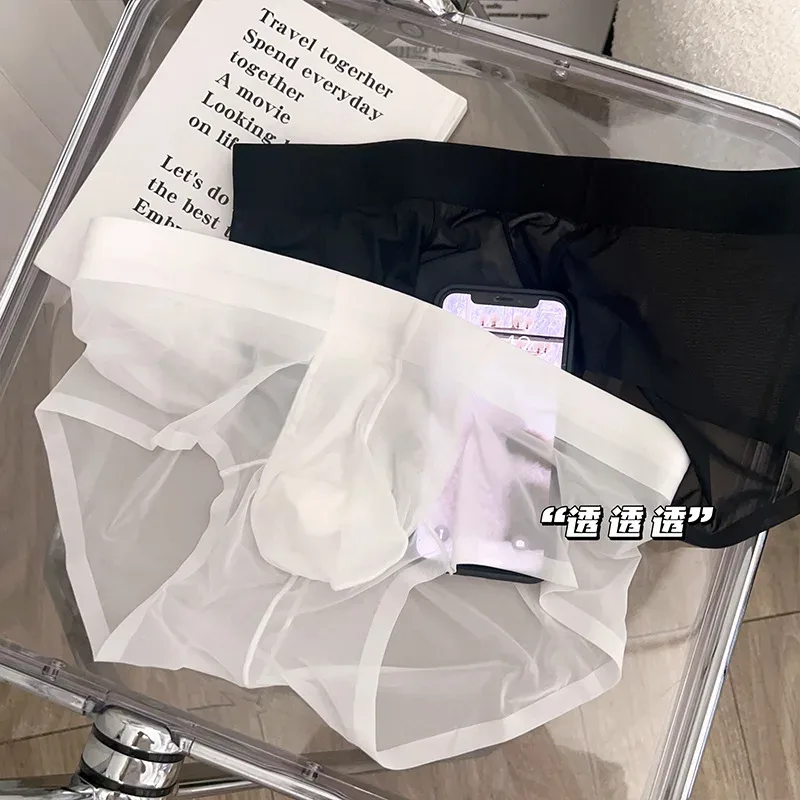 Slips transparents pour hommes Ultra-mince en soie glacée culotte à séchage rapide Sexy U poche bombée sous-vêtements pour hommes caleçons respirants Cuecas