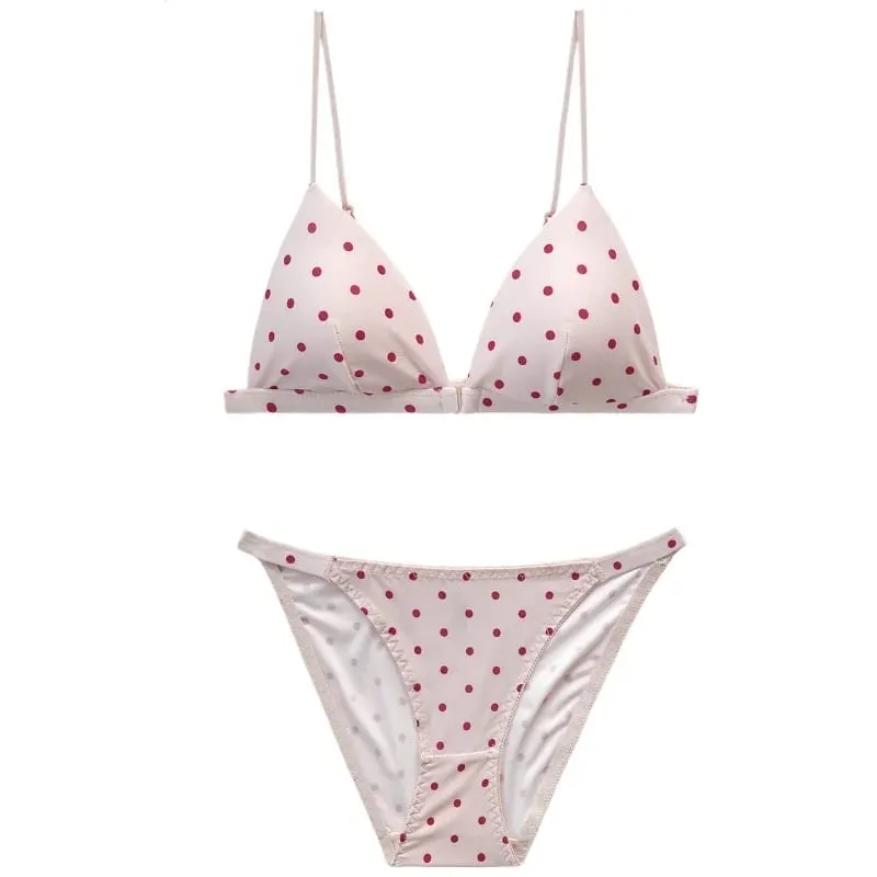 Women Wireless Bra Retro Polka Dot Triangle Cup Bralette Set Front Closure Bikini Style Comfort Push Up Elegant Underwear Set