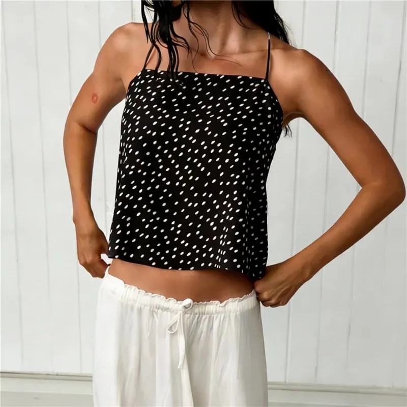 Women Polka Dot Chiffon Cami Top Spaghetti Strap Crisscross Tie Backless Asymmetric Hanky Hem Cropped Camisole Summer Tank Top