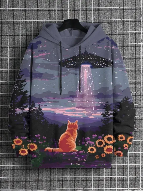 2026 Men's Hoodies Funny Hip Hop Black Cat DJ Art UFO 3D Printed Sweatshirt Men Women Tracksuit Oversized Casual Street Y2k Coat