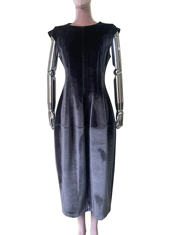 Nerazzurri Summer Autumn Long Luxury Elegant Luxury Fitted Dark Gray Sleeveless Soft Velvet Modest Dresses for Woman High Waist