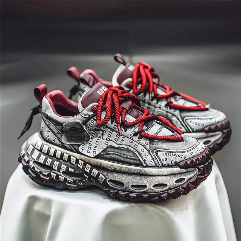 Men's Casual Sneakers with a Patchwork Upper Thick Jute Laces and a Tire-Like Serrated Sole for Added Height and Anti-Slip Grip Making Them Eye-Catching and Suitable for Various Outfits Including Street Wear and Everyday Casual Wear. — image 5
