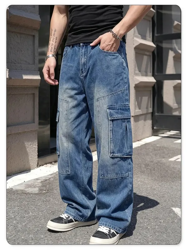 Men's American Retro Multi Pocket Cargo Jeans Suitable All Seasons Baggy Straight Leg Style Daily Street Casual Denim Pants — image 5