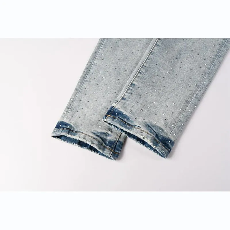 Men's Washed Distressed Skinny Ripped Jeans Light Blue Rhinestone Decor Button Fly High Street Style