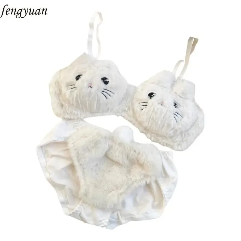 B2QE Women Plush Bra Panty Set Funny Cats Bra Panties Set Cartoon Plush Underwear Soft Lovely Student Girls Lingerie Gifts