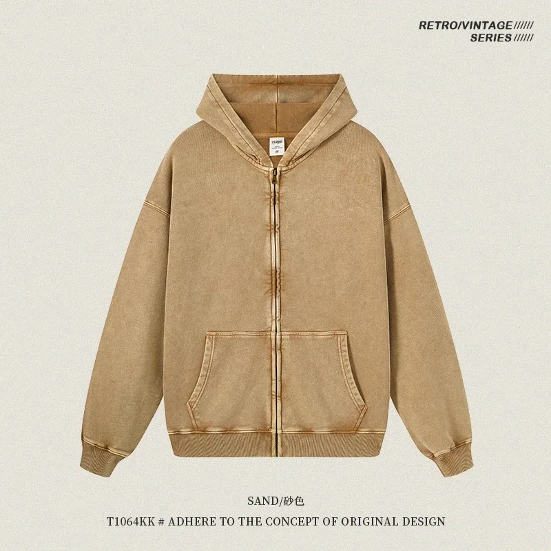 Retro Autumn Batik Washed Zipper Hoodie For Men Unisex Oversized Distressed 420gsm Terry 100% Cotton Hooded Coats HY0936 — image 29