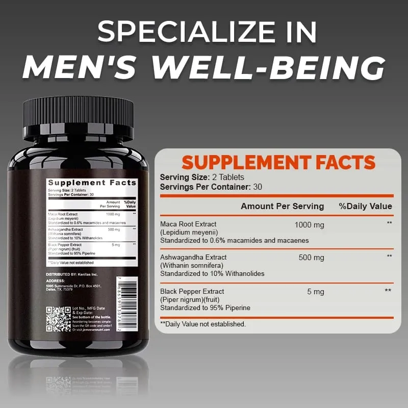 Økologiske Maca Root Powder Kapsler 1500mg indeholdende Maca Root Extract Ashwagandha Black Pepper Supplements for Mænd