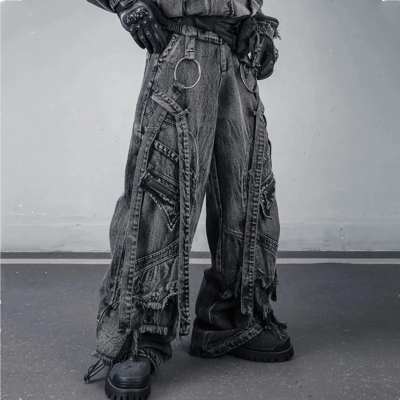 Deconstructed Straps Washed Vintage Cargo Jeans Man Woman Techwear Wasteland Style Wide Leg Tactical Baggy Pants Street Wear