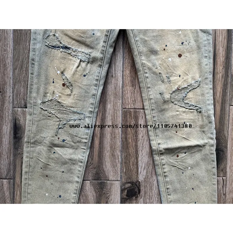 Men's High Street Distressed Washed Light Blue Graffiti Damaged Holes Stretch Skinny Button Fly Ripped Jeans Pants