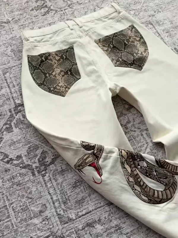 Streetwear Retro Snake Jeans Boa Embroidery Graphic Python Print Pocket Denim Pants Y2K Trend Unisex Baggy Straight Leg Pants — image 7