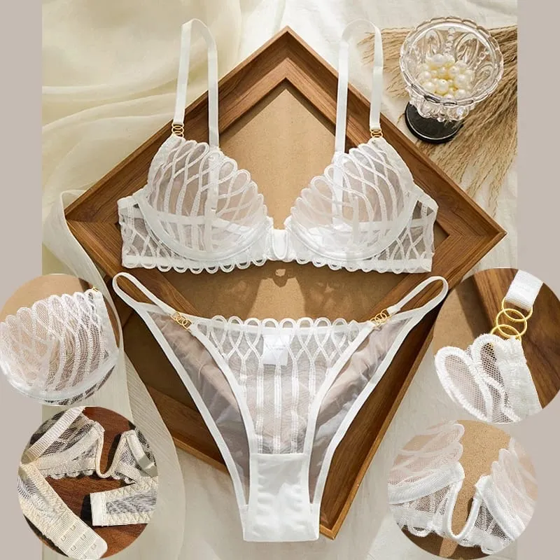 New Lace Transparent Lingerie Set Sexy Hot V Neck Anti Sagging Breathable Bra Panty Ensemble Fashion Daily Women Clothes Supply — image 2