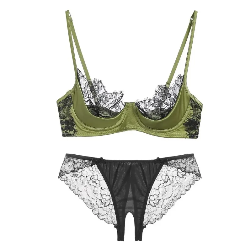 Women French Lace Half Cup Lingerie Set Green Ultra Manipis Sheer Soft Kumportable Underwire Bra Para sa Maliit na Bust 32‑38AB — image 6