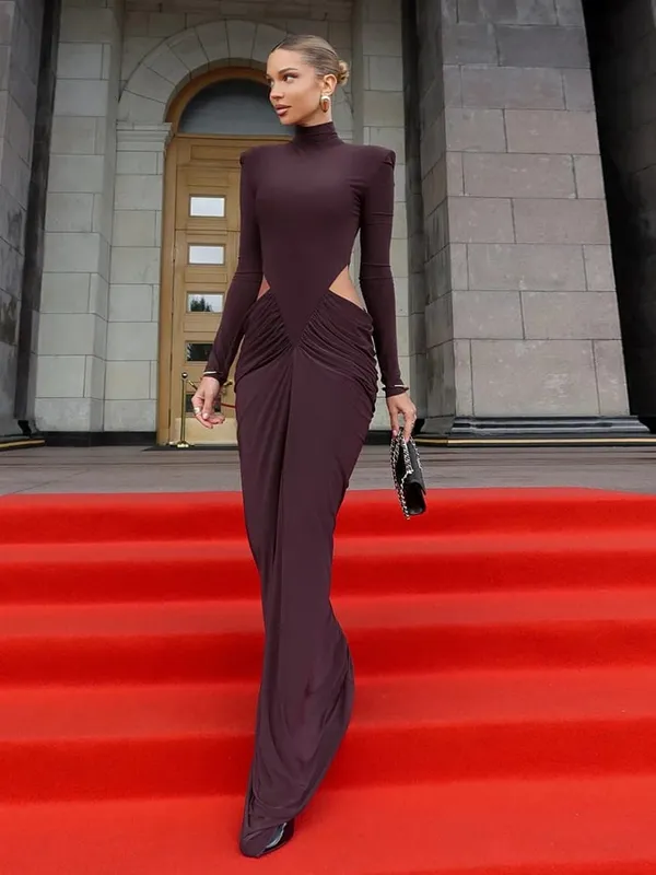 Kliou Ruched Elegant Dress Woman Autumn New Style Turtleneck Full Sleeve Hollow Waistless Design Prom Party Hipster Long Bodycon