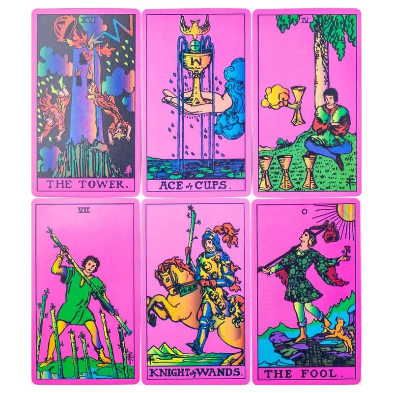 10.3*6ซม.สีชมพูนีออนสไตล์Tarot Deck 78ชิ้น-Classic Rider-Waite Smith Vibrant Trippyการ์ด