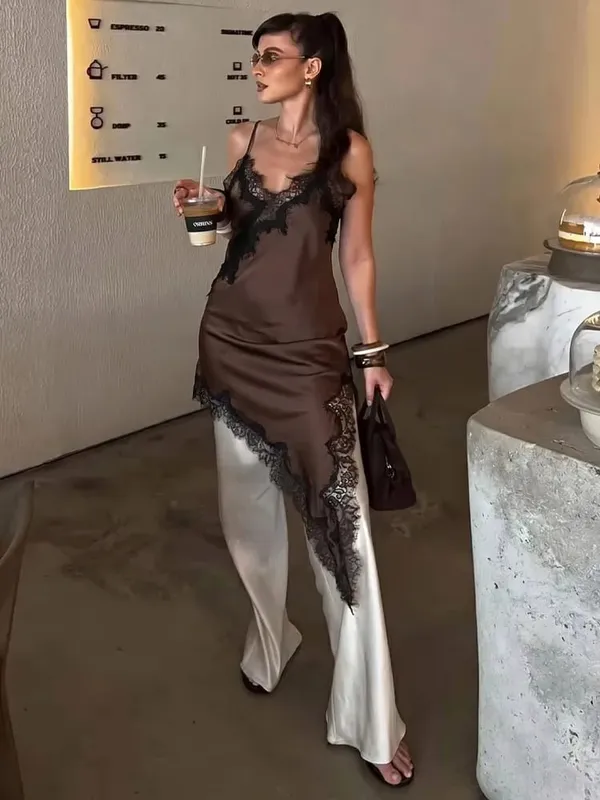 HH Women Elegant Asymmetry Hem Solid Dress Sleeveless Backless V Neck Fashion Dresses Female Sexy Lace splicing Mini Beach Dress