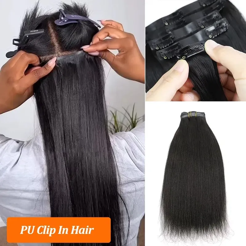 Seamless Light Yaki Straight PU Clips In Human Hair Extensions Natural Color Invisible Weft In Brazilian Remy Human Hair 110G — image 8