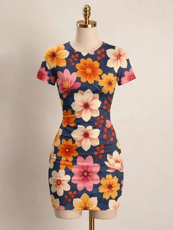 Womens Short Sleeve Bodycon Mini Dress Slim Fit Crew Neck Floral Print Casual Summer Party Cute Elegant Smooth Vacation Sundress — image 12