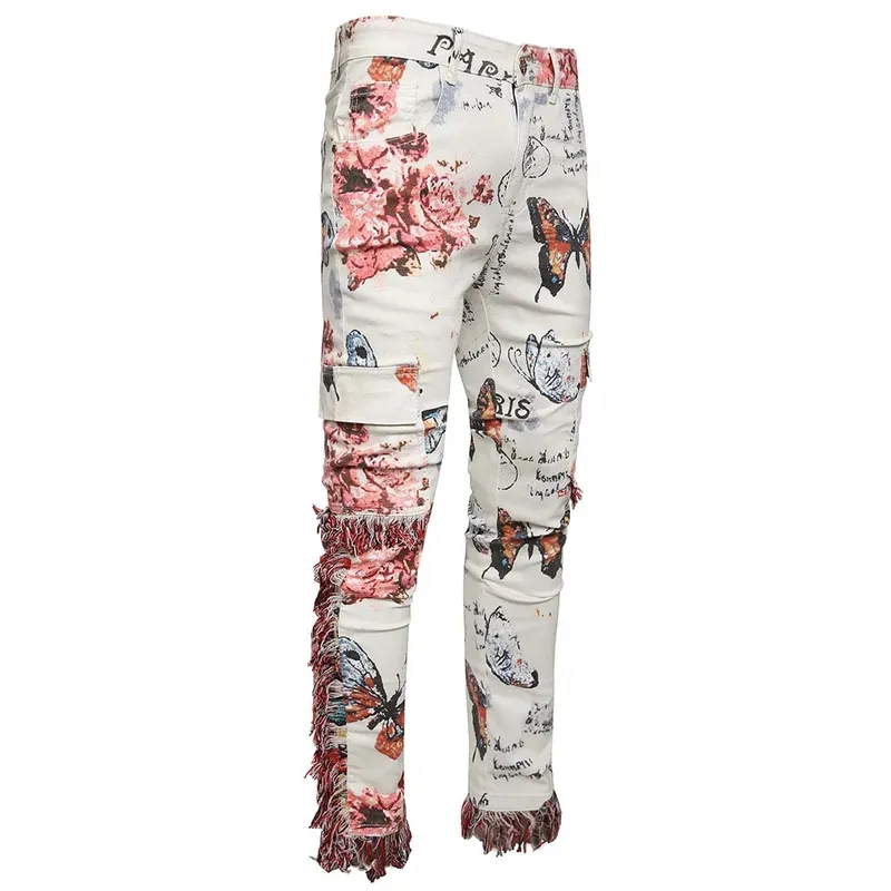 Men Butterfly Print Denim Jeans Flower Pattern White Stretch Cotton Slim Pants Tassels Multi Pockets Cargo Trousers Good Quality