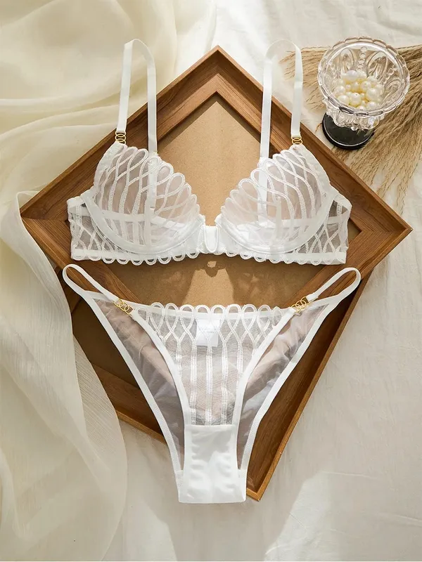 New Lace Transparent Lingerie Set Sexy Hot V Neck Anti Sagging Breathable Bra Panty Ensemble Fashion Daily Women Clothes Supply — image 8