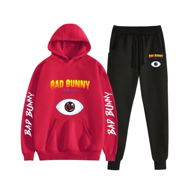 Harajuku Comfortable bad bunny Print Sweatshirt Sweatpants Suit Women's Hoodies+ Trousers Suit Boys/Girls 2 Piece Set Clothes