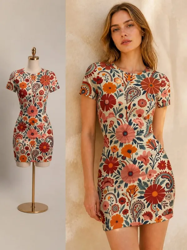 Womens Short Sleeve Bodycon Mini Dress Slim Fit Crew Neck Floral Print Casual Summer Party Cute Stretch Trendy Vacation Sundress — image 2