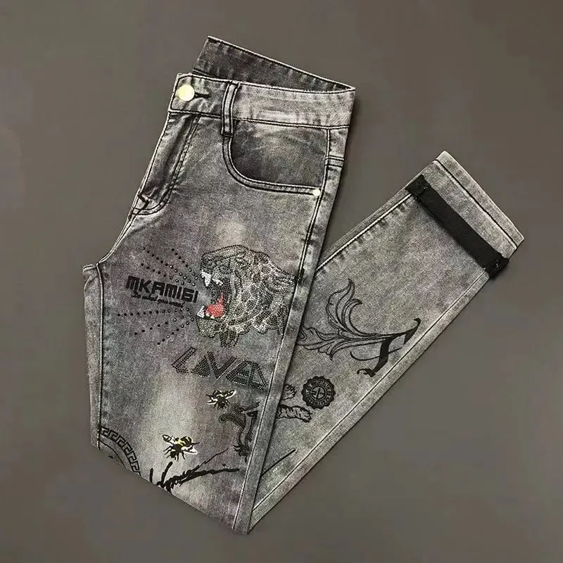 High-end Hot Diamond Jeans Men's Spring and Autumn Tide Brand Slim-fitting Small Feet Tiger Print Gray Casual Men Trousers Man