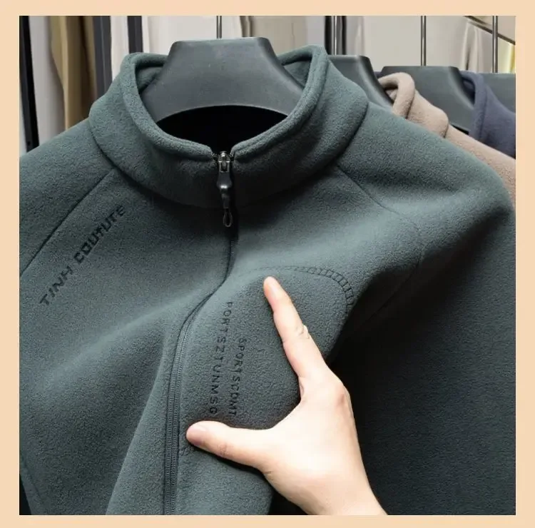 Men Double-sided Polar Fleece Hoodie Cardigan Solid Full Zip Warm Letter Print Casual Coats Thicken Sport Classic Sweatshirts