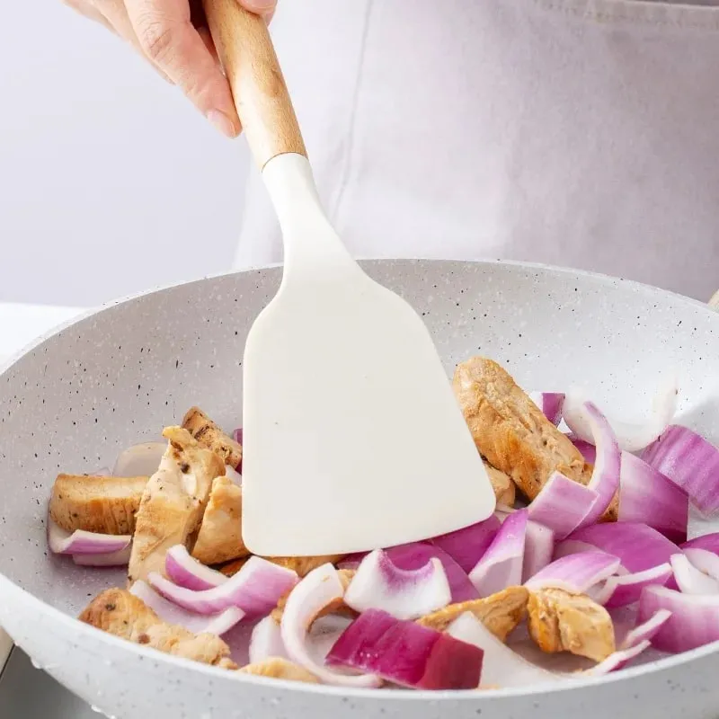 2/12Pcs White Silicone Kitchen Utensils Set with Wooden Handle Cookware Spatula Heat Resistant Non-stick Kitchen Cooking Tools