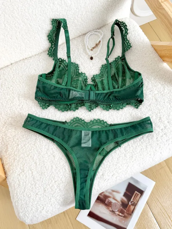 Sexy Vintage Green Eyelash Lace Lingerie Set Ladies Sheer Mesh Underwire Bra Thong Nightwear 2‑Piece S‑XL — image 6