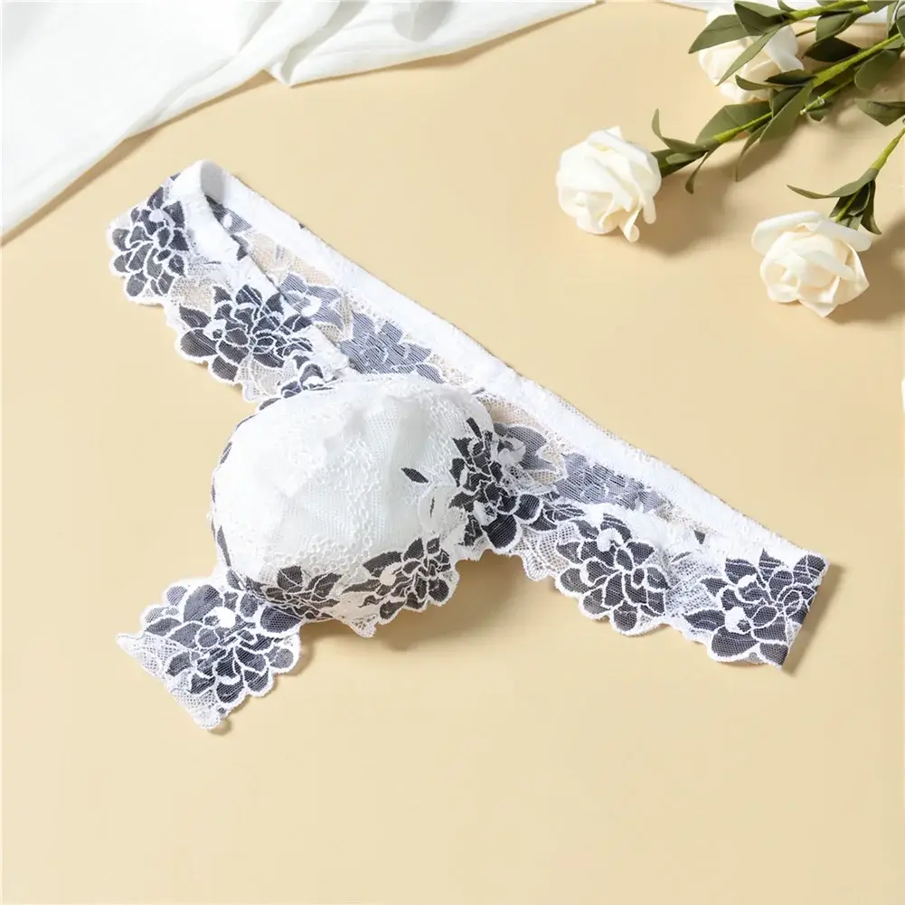 Men Floral Lace Thong Low Rise Elastic Waist G‑String Breathable See‑Through Floral Print Male Underwear Sexy Lingerie Panties